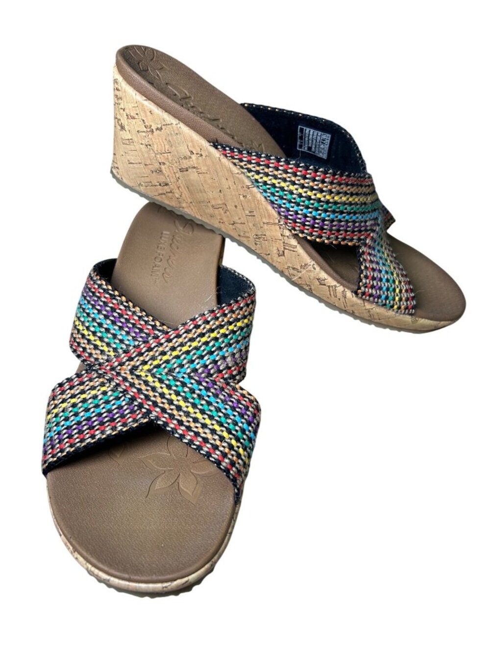 Skechers Luxe Foam Rainbow Color Wedge Sandals Women's 10 Open Toe Slip On Cork